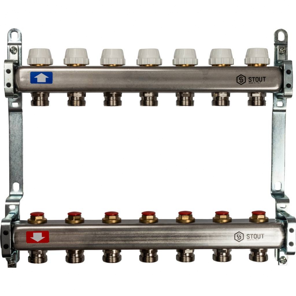 Коллектор из нерж. стали для систем напольного и радиат. отопления с вентилями на 7 вых. STOUT /1/